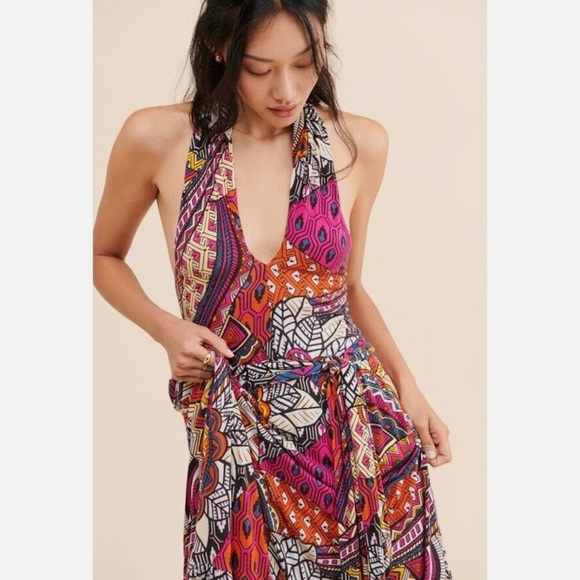 Anthropologie Maeve Cynthia Halter Maxi Dress XS P Pink Multi Geo Jersey Hippie - Picture 3 of 5